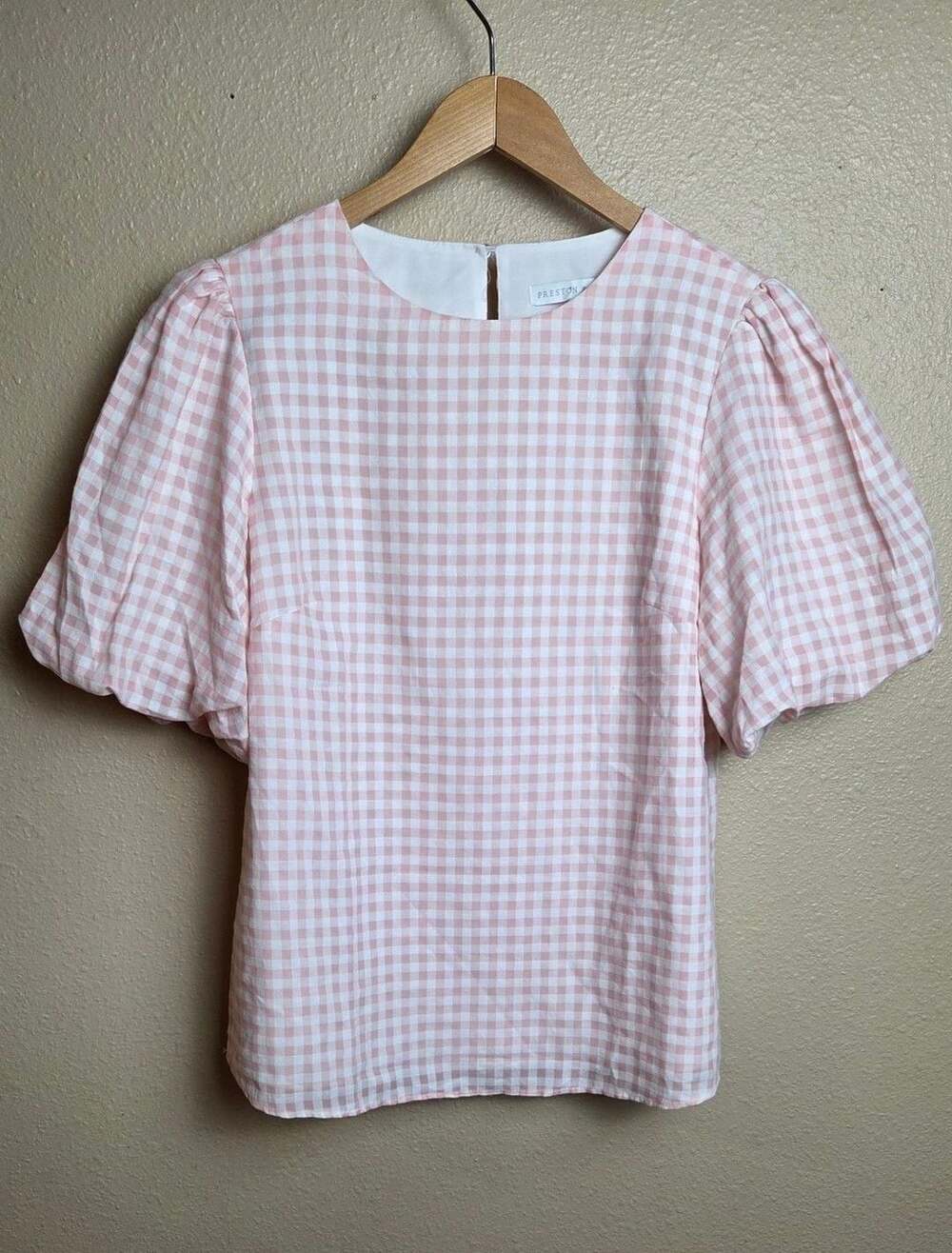 Preston & York Puff Sleeve Blouse Size S Pink White Gingham Check Top